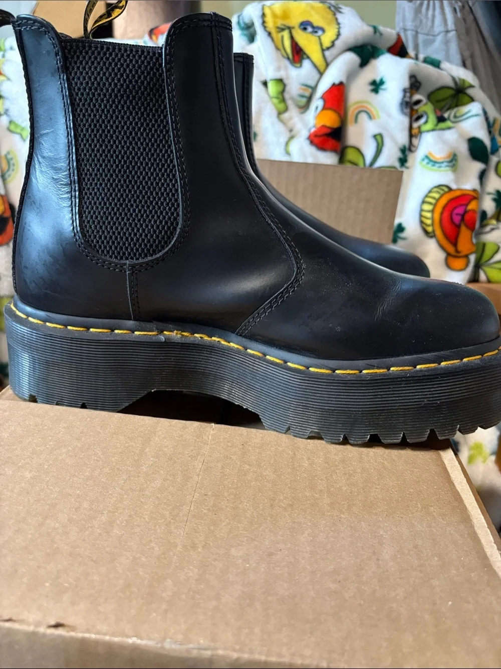 Dr. Martens Black Chelsea Platform Boots with Yellow Stitching